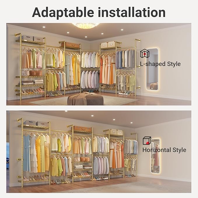 Timate F6 Wall Mounted Clothes Rack - Expandable Industrial Pipe Closet System, Heavy Duty Hanging Garment Rack, Closet Organizer & Storage Solution for Wardrobe, Bedroom,Walk-in Closets,Gold