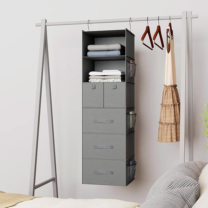 6-Shelves Hanging Closet Organizer with 5 Different Drawers, Foldable Closet Organizers and Storage for Wardrobe, Closet& RV, Clothes and Accessories Storage, Non-Woven Fabric, Gray