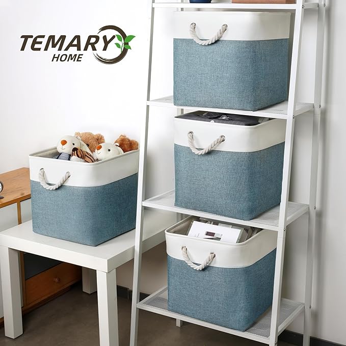 Temary Cube Bins 4 Pack Large Storage Cube Storage Baskets 13x13x13 Storage Cube Bins for Shelves with Handles, Fabric Storage Cubes for Gifts Empty (White&Dark Green)
