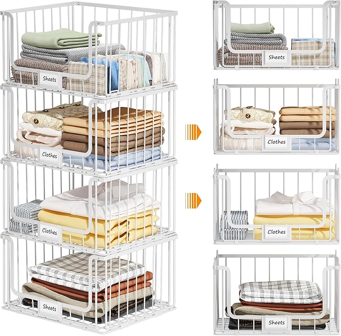 4-Tier Stackable Closet Organizers and Storage, Clothes Shelf Organizer, Foldable Wire Basket Bins, Sweater Storage for Closet and Pantry,11.8" D x 15.7" W, White