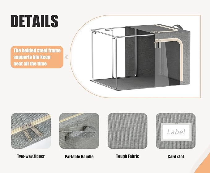 3 Opeings Large Clothes Storage Bins with Metal Frame, Foldable Storage Bin for Clothes, Clothing Storage Bins with Lid, Linen Storage Box With Clear Window＆ Zippers＆ Handles.(3 Pcs,Light Grey,66L)