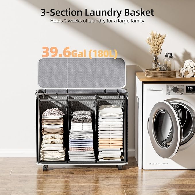 Yecaye 180L Laundry Basket With Lid and Removable 3 Bags, Large Rolling Laundry Hamper with Lid, 3 Section Rolling Clothes Storage With Wheels, Clothes Hamper with Wheels For Laundry Room, Grey