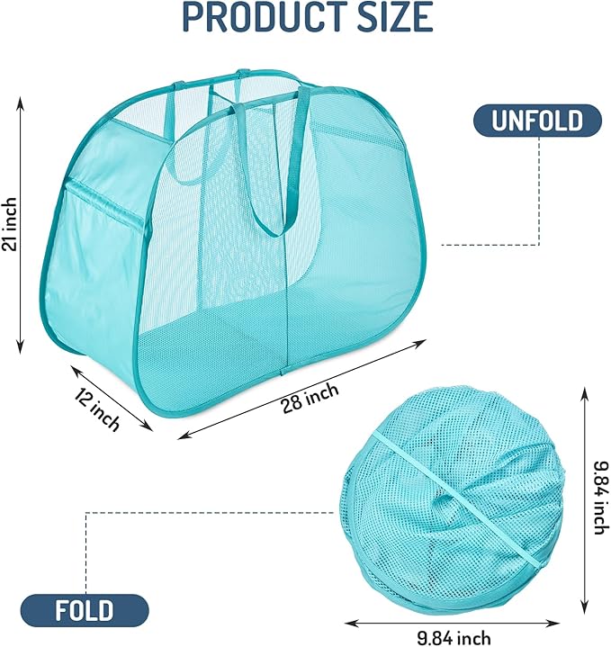 Seiritex Mesh Popup Laundry Hamper 2 Compartment, Collapsible Laundry Sorter Basket Foldable Hamper for Clothes, College Dorm, Travel (Turquoise Blue)