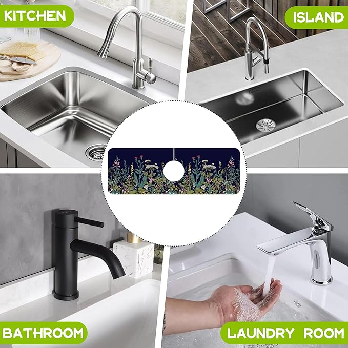 Kitchen Sink Splash Guard Faucet Mat Super Absorbent Fast Drying Mat Guard Behind Faucet Drip Catcher for Kitchen Bathroom (Colorful Herbs and Wild Flowers, 23.5"X5.5")