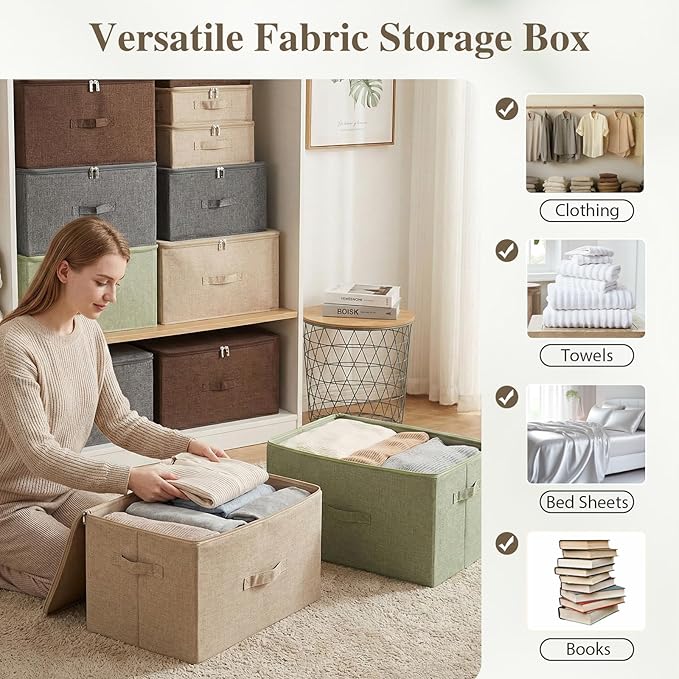 ANMINY Storage Bins with Zipper Lids 36 Qt Lidded Fabric Storage Boxes Baskets Cubes with Handles Collapsible Washable Cotton Linen Closet Shelf Clothes Organizer Containers - Beige, Large
