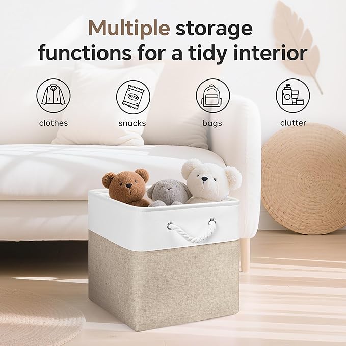 13x13 Inch Cube Storage Bins with Reinforced Bottom Cardboard, 6 Pack Large Foldable Fabric Storage Cubes with Handles for Shelf, Closet, Laundry Organization (White&Khaki)