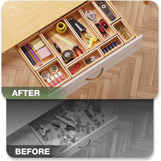 9-Pack Solid Wood Drawer Organizer, Modular Junk Drawer Organizer with Non-Slip Pad, Multi-Use Storage for Kitchen Office Bedroom Dresser for Utensil Stationery Makeup Stationery Tea & Coffee Pod