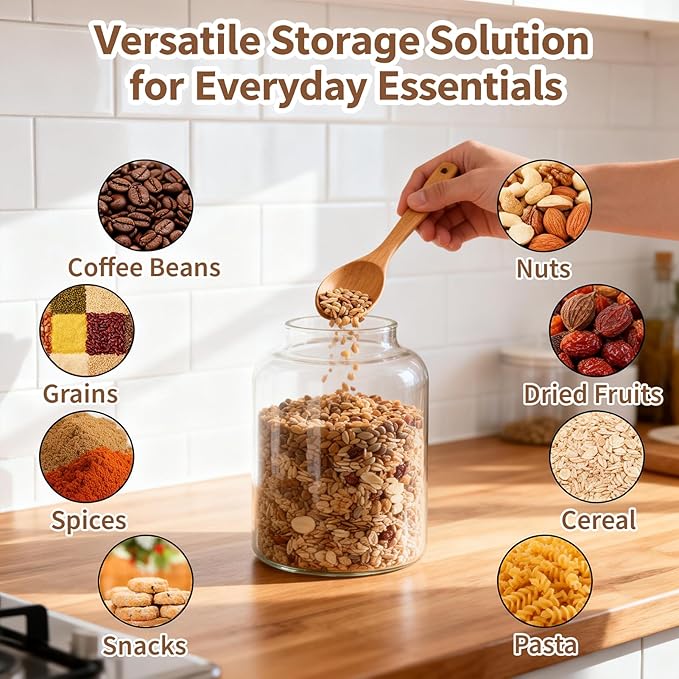 77L 2 PCS Large Glass Food Storage Jars with Airtight Lids, 4.2 Qt Wide Mouth Glass Canister Set for Pantry, Rice, Flour, Sugar, Cereal & Coffee