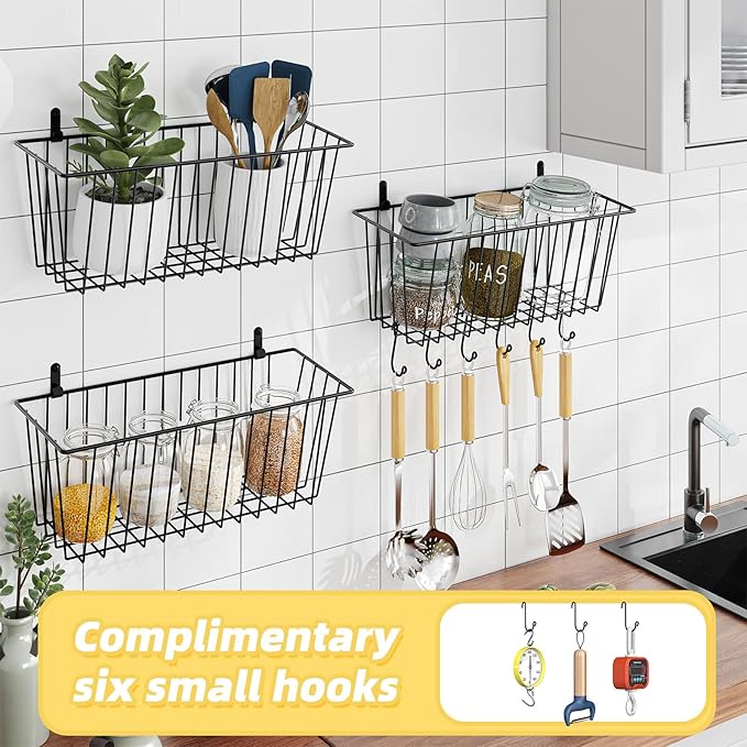 Simple Trending 6 Pack Wire Basket Wall Mount Baskets Hanging Baskets, Cabinets Organizer and Storage with Hooks for Kitchen, Garage and Bathroom