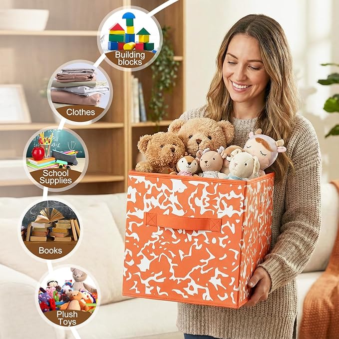 LemonRoad 6 Fabric Storage Cubes 11 Inch Foldable Marble Storage Bins for Organizing Pantry, Toy Box, Clothes Closet Collapsible Baskets for School Organizing with Handle(Rainbow Color, Classic Style)