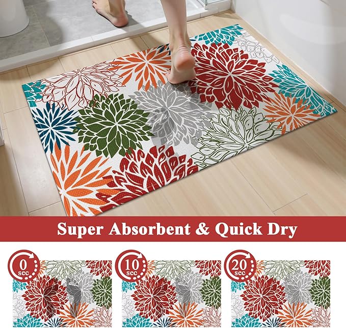 Vaukki Bathroom Rug Set 3 Piece, Non Slip Absorbent Rubber Backed Floral Bath Floor Mat Fit Under Door, Ultra Thin Quick Drying Bath Rug for Shower, Tub and Toilet, 17"x26"+17"x32"+17"x24"U, Red