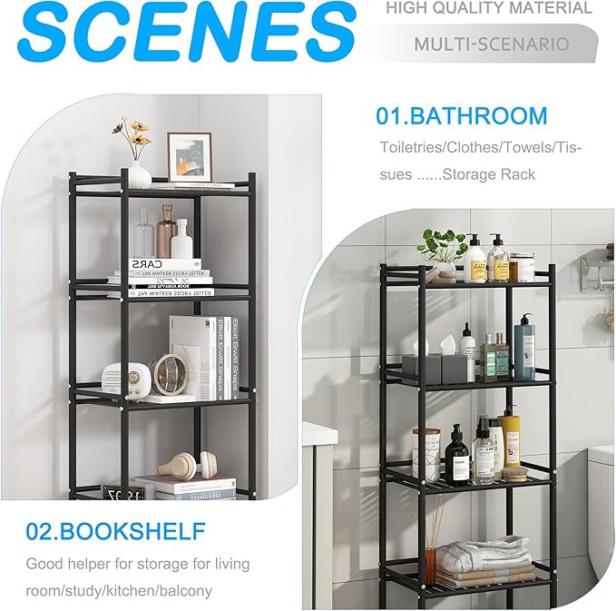 4 Tier Bathroom Storage Open Shelf Unit, Free-Standing Metal Corner Rack Shelving for Kitchen, Living Room, Hallway (Black, Wider 4 Tier)