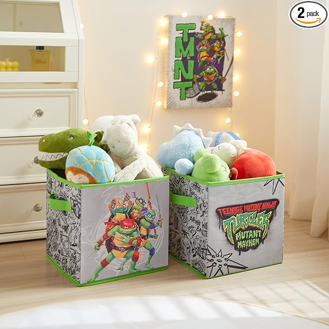 Teenage Mutant Ninja Turtles: Mutant Mayhem Storage Cubes – Set of 2 Collapsible Fabric Bins, 10x10 Inch - Kids Toy Organizer Baskets for Bedroom, Playroom, Closet – TMNT Room Decor