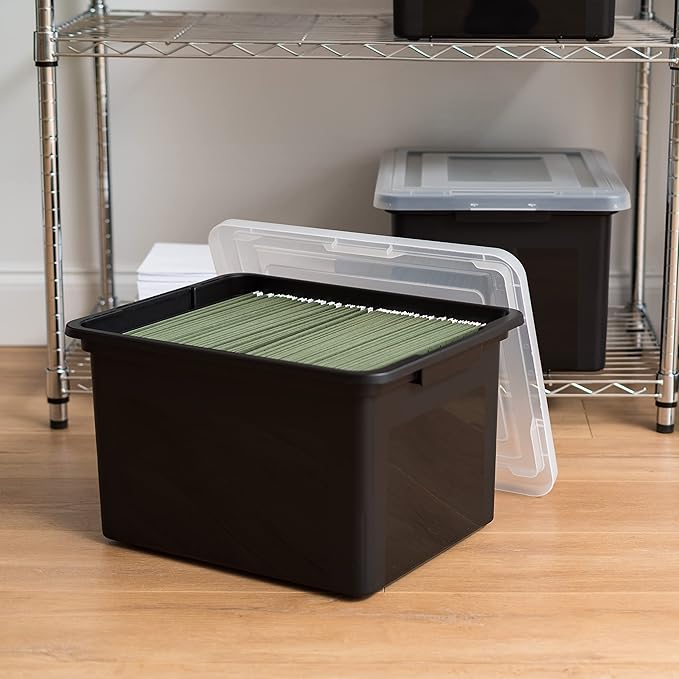 IRIS USA File Box, Plastic File Organizer with Lids for Letter/Legal File, Portable Document Box For Moving, Storage Bin with Durable and Secure Lid, Stackable Nestable BPA-Free, Black 35 Qt. 1 Pack