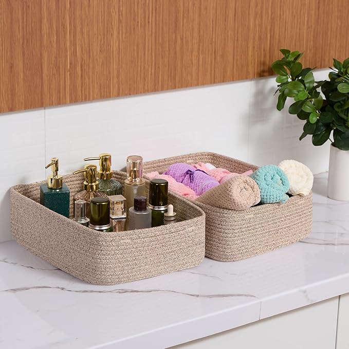 Large Shallow Organizing Baskets 15x11x5.1 Inches - Rope Woven Storage Bins for Bathroom, Shelves, Cube Closet, Mixed Brown 4 Packs