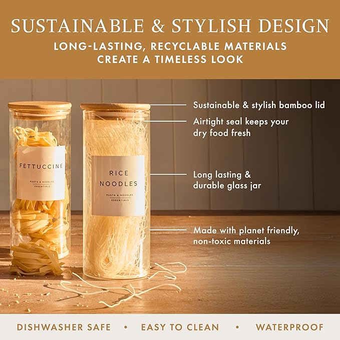 Livabl Glass Pantry Storage Containers with Lids- 420 Pantry Labels– Set of 12 (8 x 20oz& 4 x 34oz) Glass Canisters with bamboo lids-Perfect Pasta Storage Containers-AIrtight-Kitchen Canisters