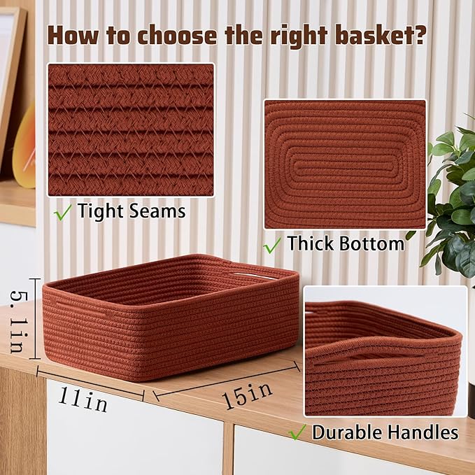 Large Shallow Organizing Baskets 15x11x5.1 Inches - Rope Woven Storage Bins for Bathroom, Shelves, Cube Closet, Red 4 Packs