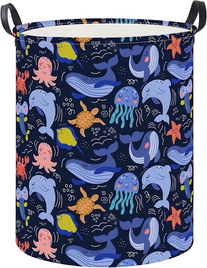 19.7" Laundry Basket, Dirty Clothes Hamper, Waterproof Storage Bin, Room Decor, Gift Baskets,Nursery Hamper(Line Ocean)