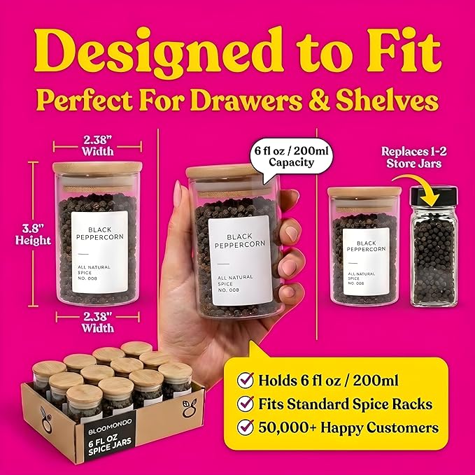 Empty Spice Jars with Label Pack (12x Bamboo Lid Glass Jar). Small 6oz Spice Storage Bottles with 112 Printed Stickers and 48 Writable Pantry Labels for Seasoning Containers