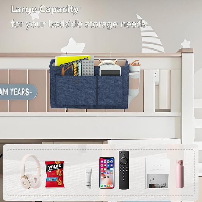 Bedside Caddy Bedside Organizer with Fixed Straps & Water Bottle Holder, Bunk Bed Caddy ideal for Home, Dorm, Hospital, Crib, Versatile Bedside Storage Solution (Navy)