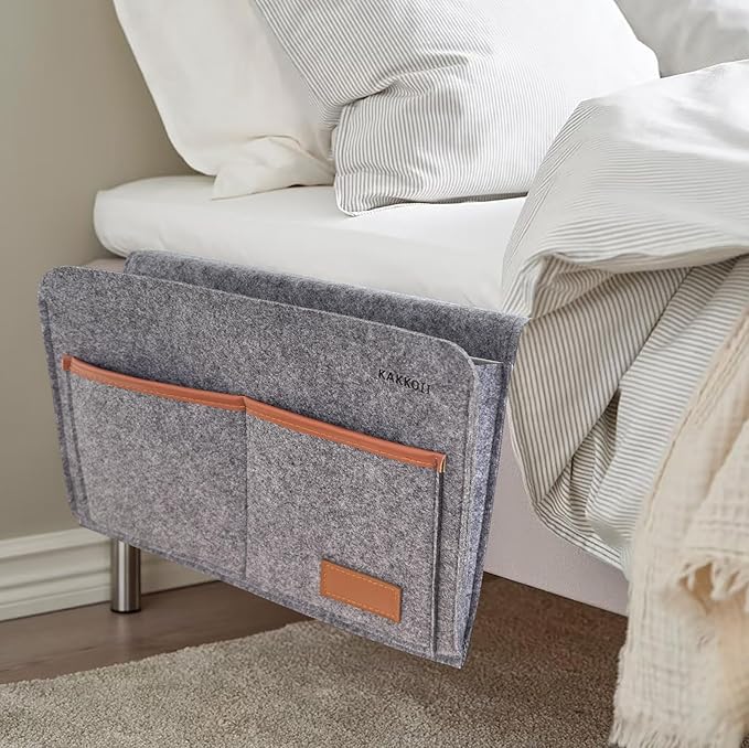 KAKKOII Bedside Caddy, Sofa Caddy, Storage Organizer Pocket for Dorm, Bedroom, 5 Pockets Felt Organizer for Magazine, Remote, Phone, Tablet, Pad, Glasses, Pen, Remote Control (Grey-Short)