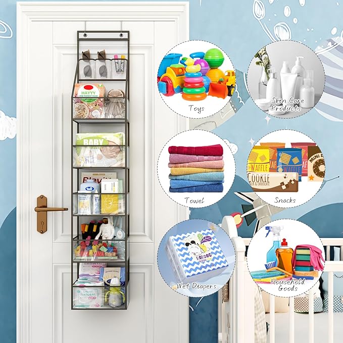 Fixwal 6-Shelf Over The Door Hanging Pantry Organizer Hanging Storage with Clear Plastic Pockets Behind The Door Storage Organizer with 3 Small PVC Pockets for Closet Bedroom Bathroom (Grey)