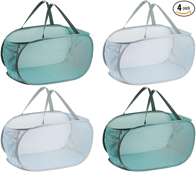 4PCS Mesh Laundry Hamper,Collapsible Laundry Baskets,75L Large Foldable Dirty Laundry Clothes Hamper Storage Basket Horizontal with Side Pocket&carry Handle for Home Travel, 2PCS Grey & 2PCS Emerald