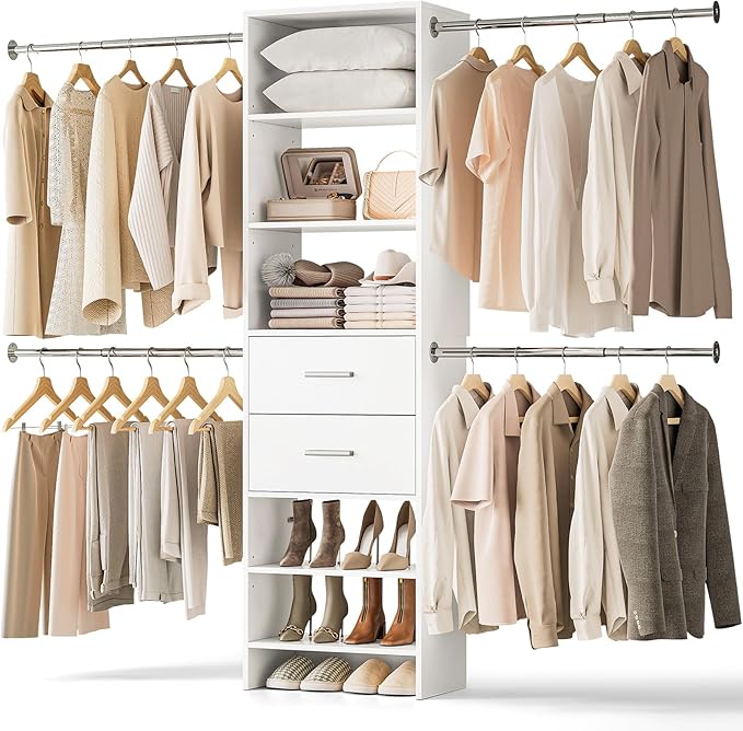W2 Closet System with 2 Drawers, 3.5FT-7.7FT Closet Organizer System with 4 Chrome-Plated Telescopic Rods & 5 Adjustable Shelves, Custom Wood Walk-In Closet Clothing Rack, White