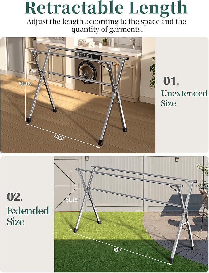Lrjyxq 63 Inches Heavy - Duty Stainless Steel Folding Clothes Drying Rack Clothing Indoor Outdoor Anti-Rust 20 Windproof Hooks Portable & Foldable Laundry Rack (63'')