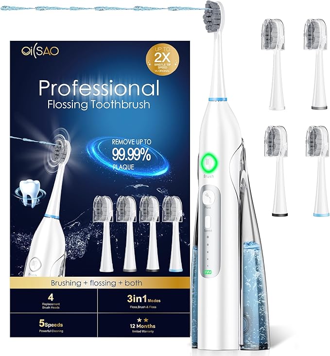 Electric Toothbrush with Water Flosser, All in One Sonic Flossing Toothbrush with 3 Modes & 5 Flossing Speeds & 4 Brush Heads, Rechargeable & Portable for Adult Teeth Cleaning,White