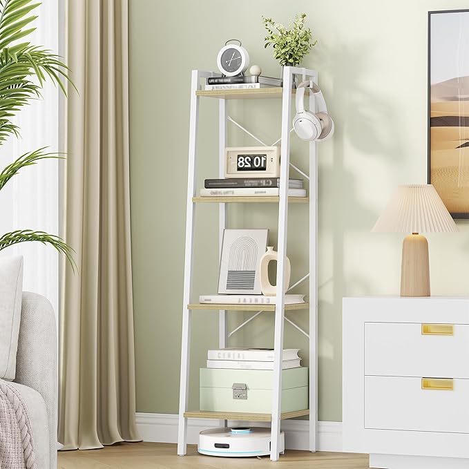 Ladder Shelf, Bookshelf Bookcase, Freestanding Corner Storage Shelve with 2 Hooks for Home Office, Living Room, Kitchen, Bedroom, Industrial, 11.8" D x 13.4" W x 47.2" H, White Oak and White