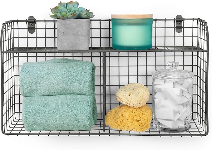 Spectrum 2 Bin Wall Mounted Wire Basket with Shelf Industrial Gray Organizer, Wall Mount Wire Basket Shelves for Kitchen Storage, Vintage Double Bin with Shelf Wall Mount Wire Storage for Organization