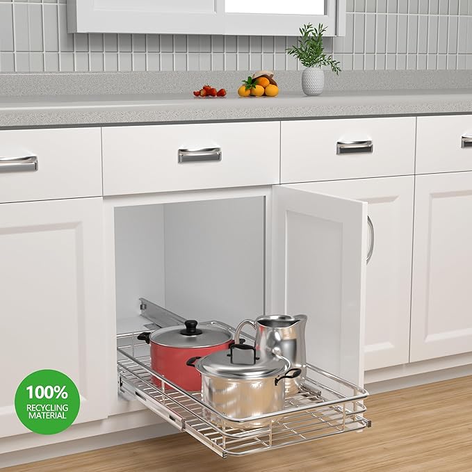 JOWBOOW Pull Out Cabinet Organizer (13.4" W x 21" D), Put Out Shelves for Kitchen Cabinets, Roll Out Drawers Heavy-Duty Metal Sliding Shelf, Bottom Mount