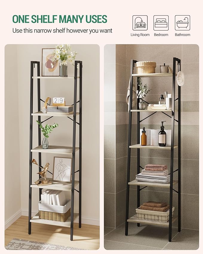 Ladder Shelf, Bookshelf Bookcase, Freestanding Corner Storage Shelve with 2 Hooks for Home Office, Living Room, Kitchen, Bedroom, Industrial, 11.8" D x 17.3" W x 63" H, Greige BC19205B