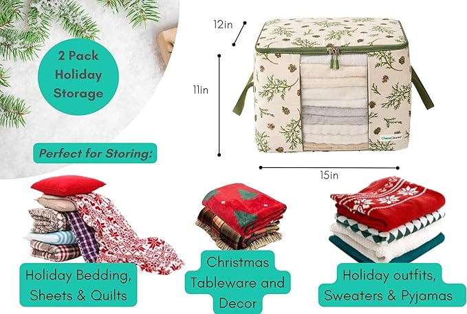 Chaos Cleared Canvas Storage Bags Designer Organizer 2 Pack – Seasonal Storage for Sweaters, Blankets, Linens & Garments – Foldable Design with Zip & Window, Moth-Proof Space Saver, Mistletoe Print