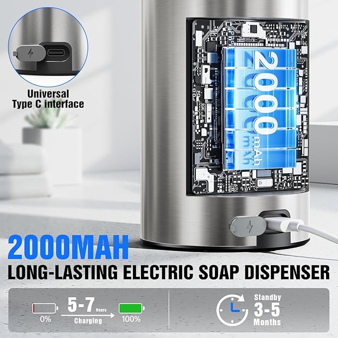 Automatic Foaming Soap Dispenser Touchless, Stainless Steel 11.5 oz 3 Levels Adjustable Hand Soap Dispenser with Rechargeable Sensor Pump for Kitchen & Bathroom Liquid Soap,Gray