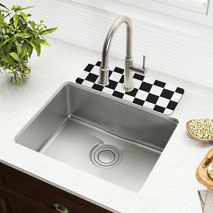 Kitchen Sink Splash Guard 1 PC 14.7 Inch Sink Faucet Mat Splash Guard for Bathroom Countertop Water Absorbent Foldable Cuttable Soft Washable Checkered Black and White