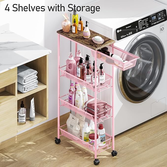 KINGRACK 4-Tier Slim Storage Cart, Metal Rolling Cart, Organizer with Wooden Tabletop and Drawer Basket, Mobile Shelving Unit for Kitchen, Bathroom, Laundry Room, Pink