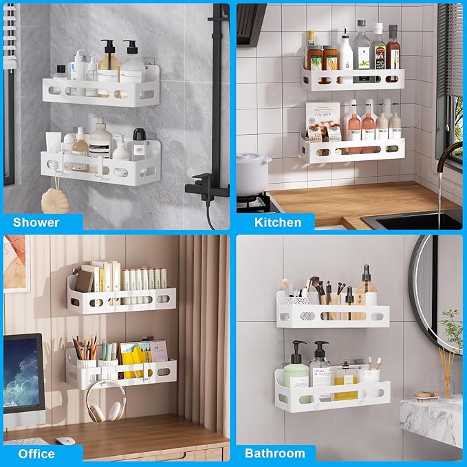 Shower Caddy Adhesive, No Drill Bathroom shower Organizers, with Removable Hooks, Rust Proof Shower Shelves, Self Adhesive Black Bathroom Shelves Basket Home Farmhouse Wall Inside Organization