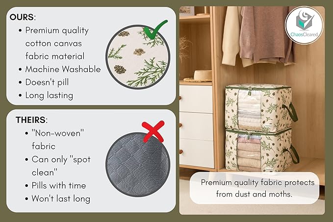 Chaos Cleared Canvas Storage Bags Designer Organizer 2 Pack – Seasonal Storage for Sweaters, Blankets, Linens & Garments – Foldable Design with Zip & Window, Moth-Proof Space Saver, Mistletoe Print