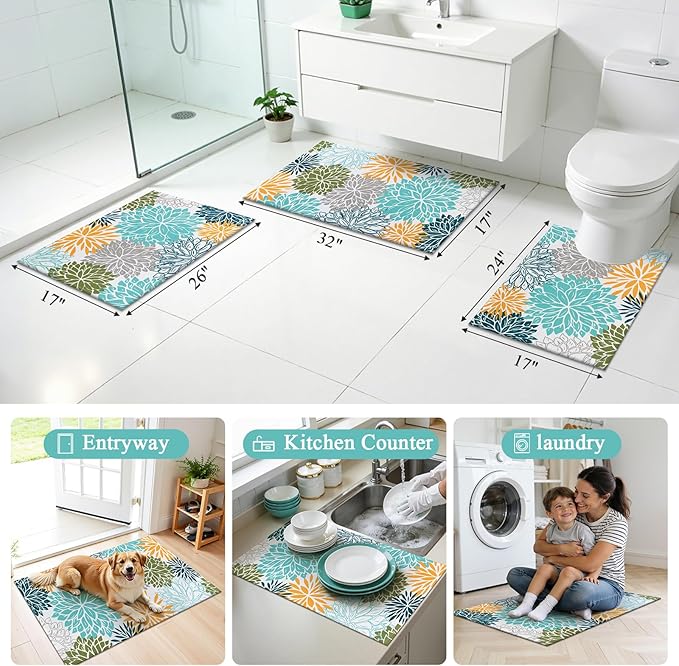 Vaukki Bathroom Rug Set 3 Piece, Non Slip Absorbent Rubber Backed Floral Bath Floor Mat Fit Under Door, Ultra Thin Quick Drying Bath Rug for Shower, Tub and Toilet, 17"x26"+17"x32"+17"x24"U, Teal