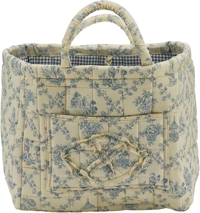 Quilted Fabric Storage Basket with Handles & Pocket, Foldable Laundry Hamper Boho Floral Print Organizer Bin for Home, Picnic, Office 12"x10"x10" (B-3)