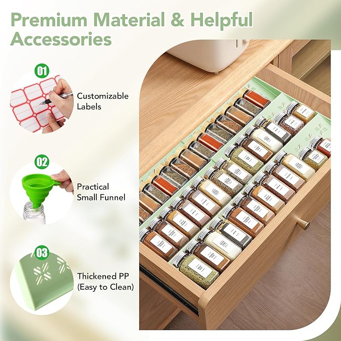 Expandable Spice Drawer Organizer (11"-22"), 3-Tier Slanted Kitchen Cabinet Rack with Labels & Funnel, Adjustable for Standard & Tall Bottles, Versatile for Bathroom & Office – Jars Not Included