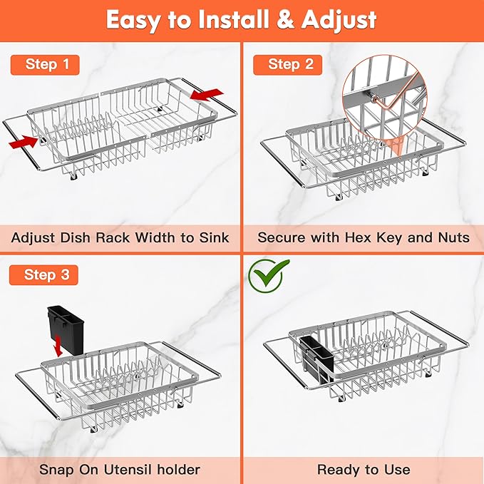 Small Expandable Over The Sink Dish Drainer Drying Rack In Stainless Steel Metal For Kitchen, Counter Space Saving Compact Above Plate Dryer Strainer, Adjustable Hanging Inside Sink Wire Drain Holder