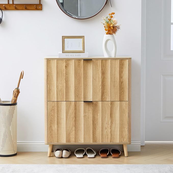 Bifins 31.5” Fluted Shoe Cabinet Storage with 2 Flip Drawers,Narrow Freestanding Shoe Storage Organizer,Slim Shoe Rack Cabinet for Entryway,Hallway (Natural)
