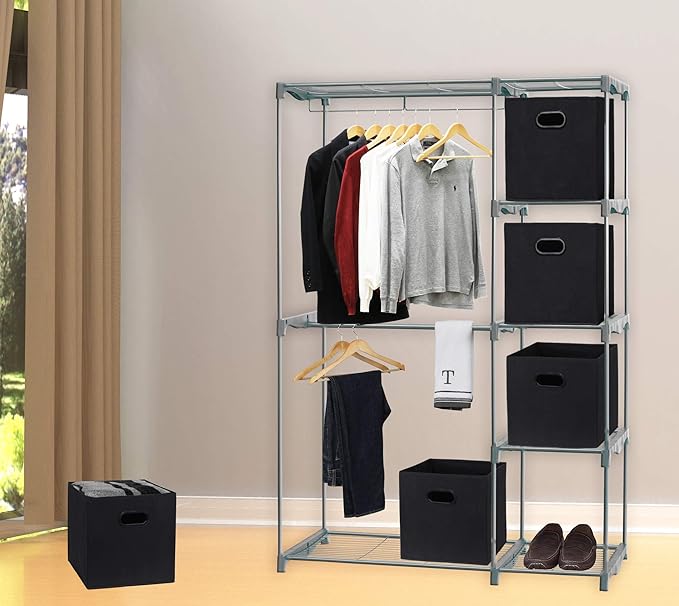 Simple Houseware Foldable Cube Storage Bins with Handles, 11-Inch, Black, 6-Pack, Fabric Cubes Organizer for Closet or Shelves