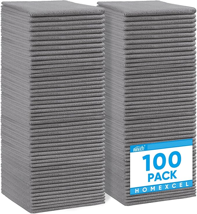 HOMEXCEL Grey Microfiber Cleaning Cloth, 100 Pack Cleaning Towels for Kitchen, Lint Free, Scratch-Free, Highly Absorbent, and Reusable Cleaning Rags for House, Window and Glass, Cars, 11.5 X11.5 inch