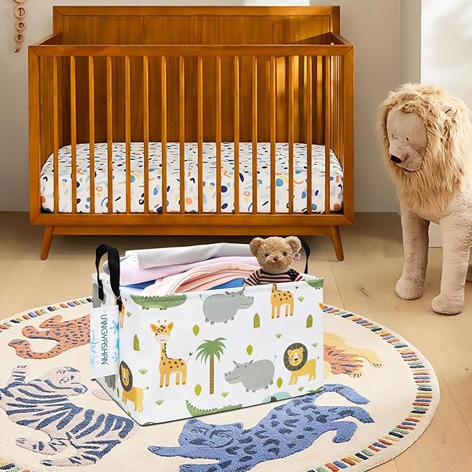 LANGYASHAN Rectangular Storage Bin Collapse Canvas Fabric Cartoon Storage Basket with Handles for Organizing Home Kitchen Boys and Girls Toys Office Closet Shelf Baskets (Rec animal)
