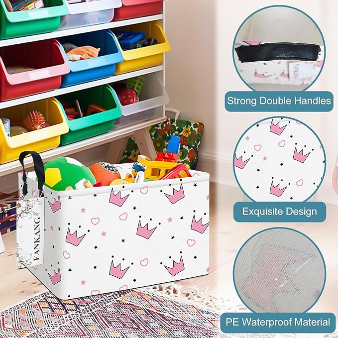 FANKANG Storage Bins, Nursery Hamper Canvas Laundry Basket Foldable with Waterproof PE Coating Large Storage Baskets for Kids Boys and Girls, Office, Bedroom, Clothes,Toys(Rec-pink crowns)