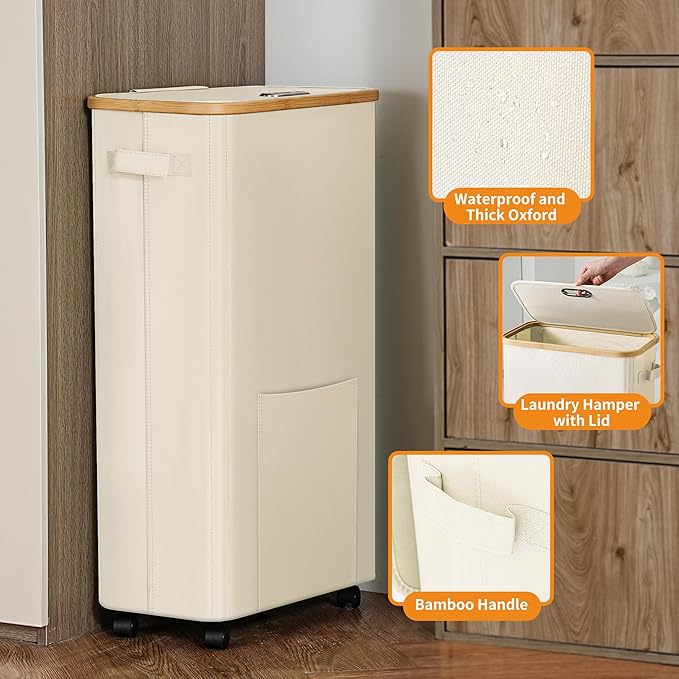Laundry Basket with Wheels, Dirty Clothes Hamper on Wheels, Rolling Tall Laundry Hamper with lid for Laundry Room, Dorm and Bathroom, 75L Beige